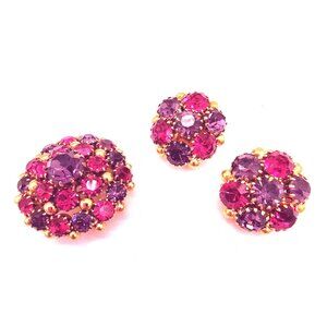 Vintage Weiss Brooch & Clip-On Earrings Set Berry Colored Rhinestones Festive